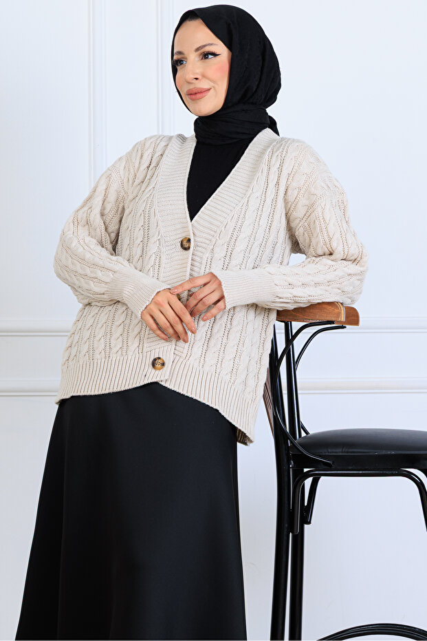 Saç Örgü Kısa Triko Hırka S4000 Taş Rengi - 2