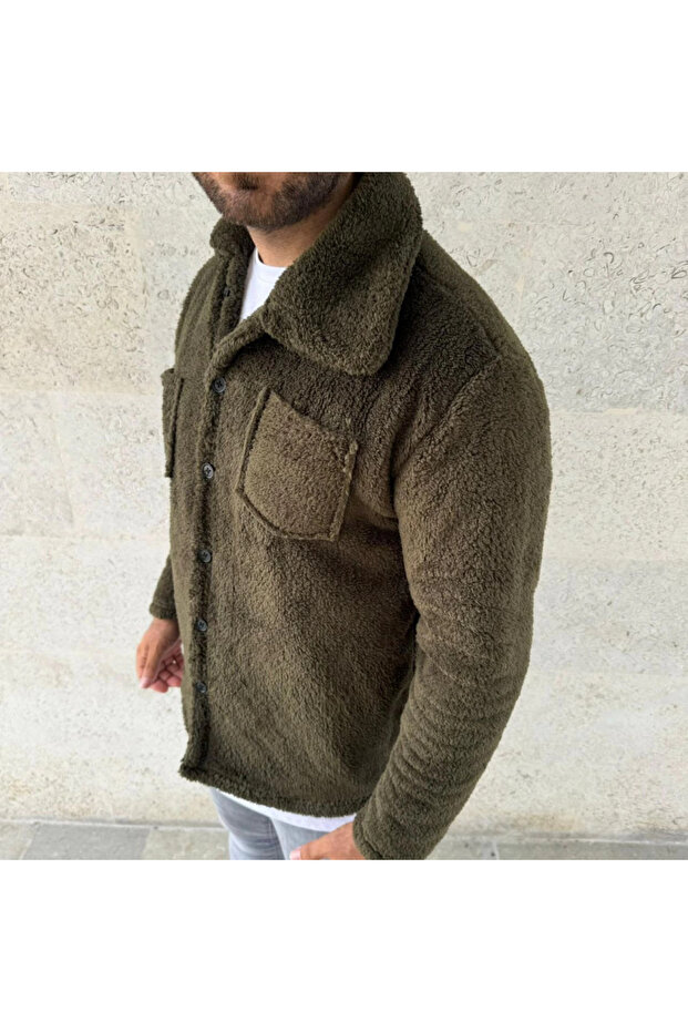 Men's Plush Fleece Cardigan Shirt – Collared, Buttoned, Chest Pocket, Soft D