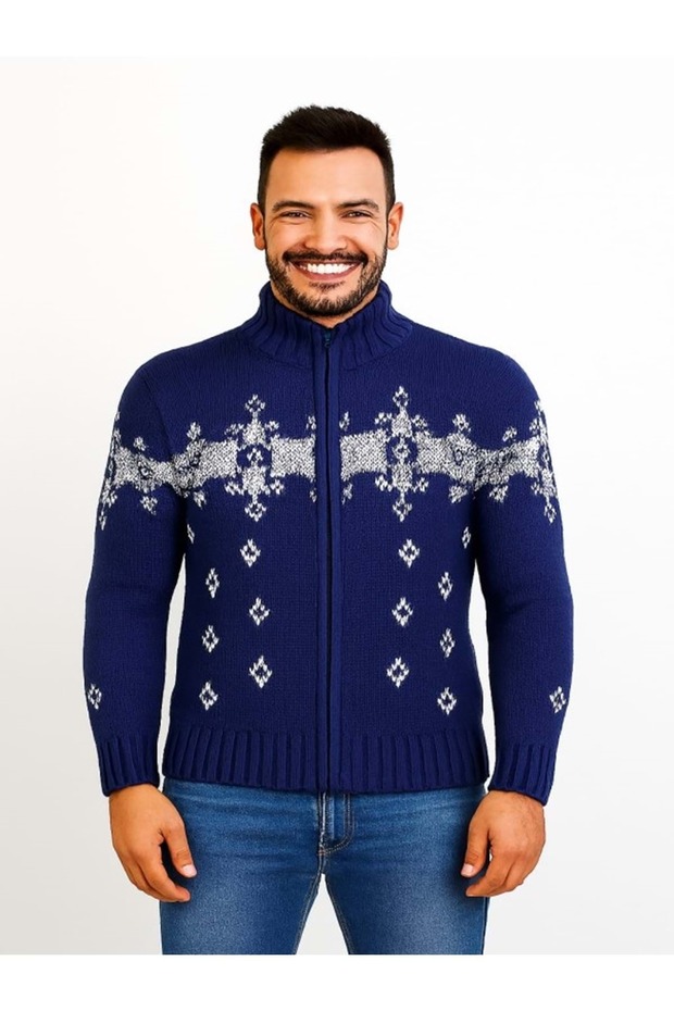 Cool T00575 Men's Patterned Knitwear Cardigan - Blue - St00575-Blue-Xl