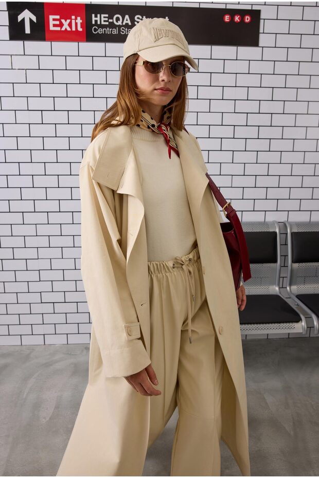 Funnel Uzun Trençkot Krem - 4