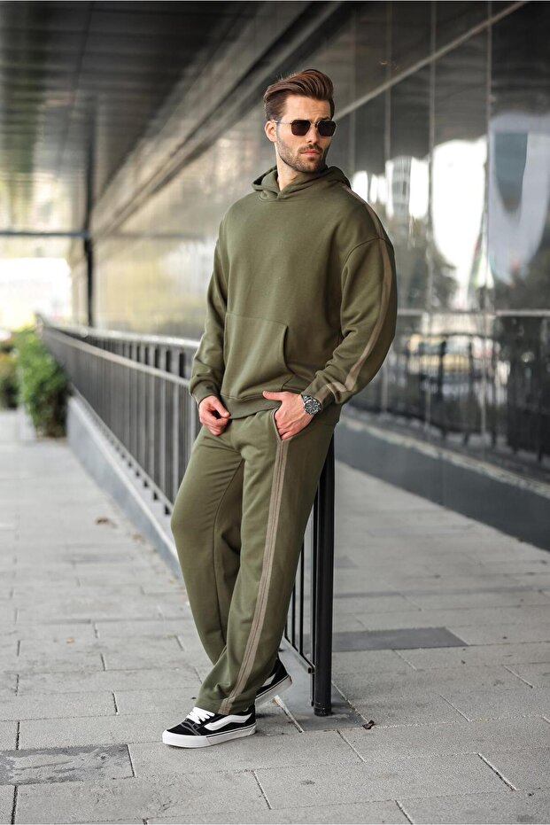 Haki Kanguru Cep Kapüşonlu Erkek Eşofman Takımı E7336 - 1