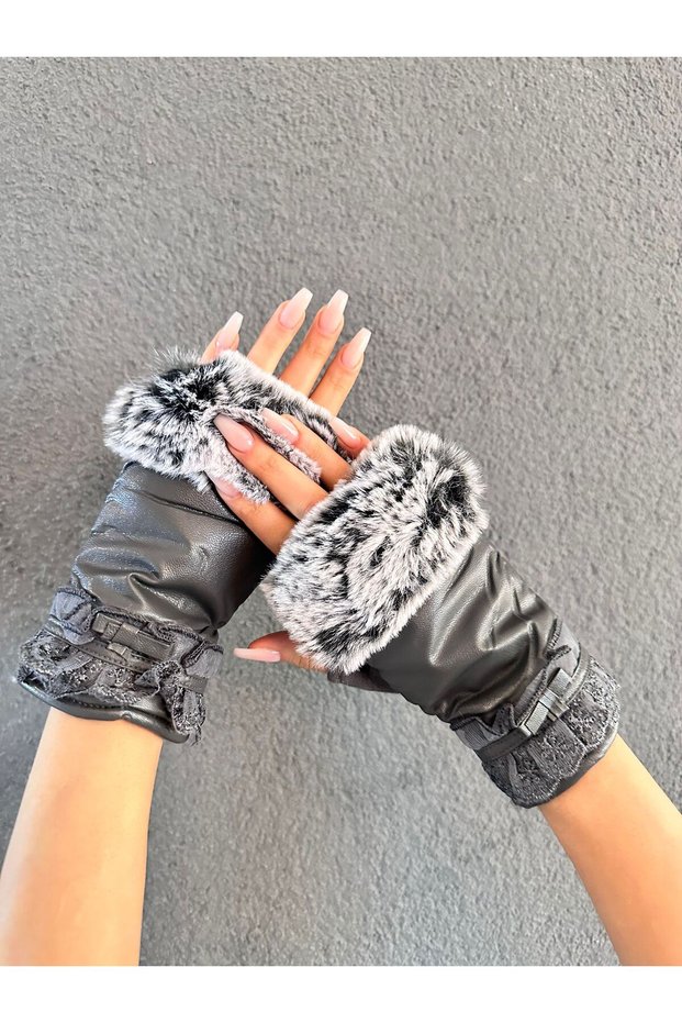 Furry Fingerless Lace Leather Women Gloves