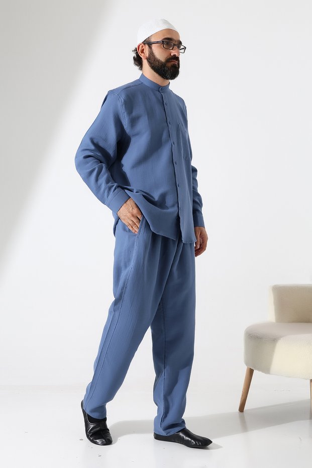 Men's Muslin Hakim Collar Shirt with Pocket and Pants Two-Piece Set, Hajj Umrah Outfit - Blue (Ans)
