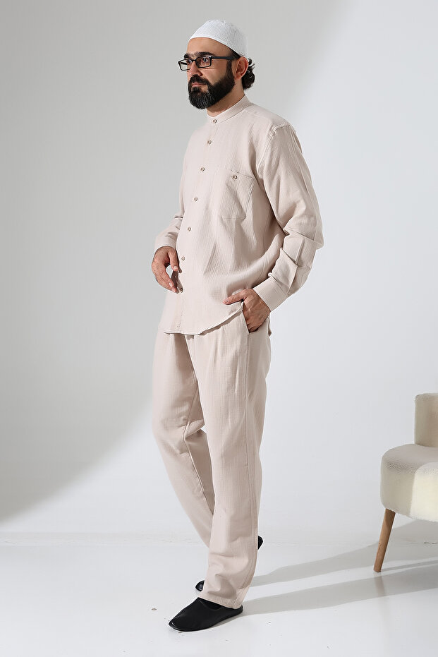 Men's Muslin Hakim Collar Shirt with Pockets and Pants Two-Piece Set, Hajj Umrah Outfit - Beige (Ans)