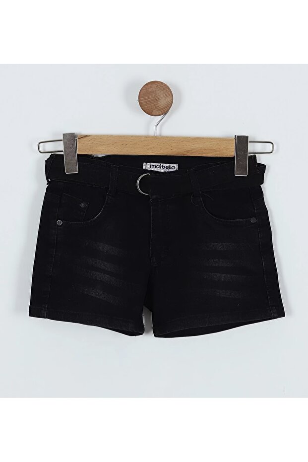 SİYAH LAZERLİ KEMERLİ KIZ ÇOCUK KOT ŞORT - 1