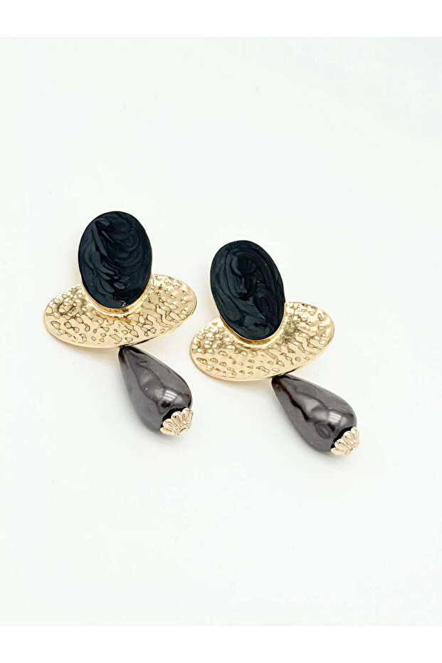 Modern Ellipse Black Stone Dangle Steel Women's Earrings