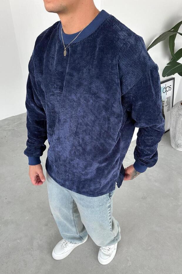 Lacivert Fitilli Kadife Basic Sweat - 2