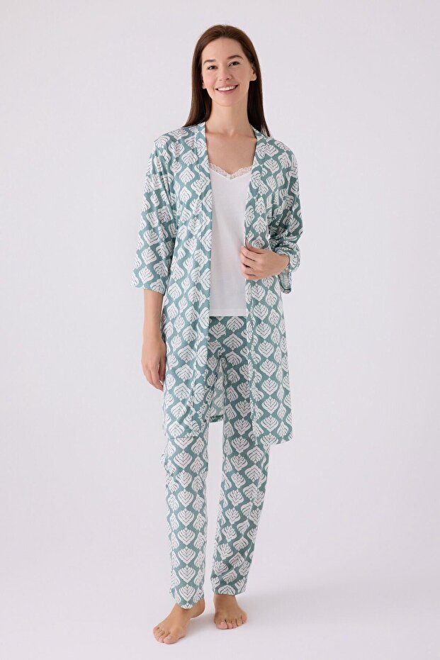 Women's Long Sleeve Rope Strap V-Neck 3-Piece Pajama Set with Dressing Gown