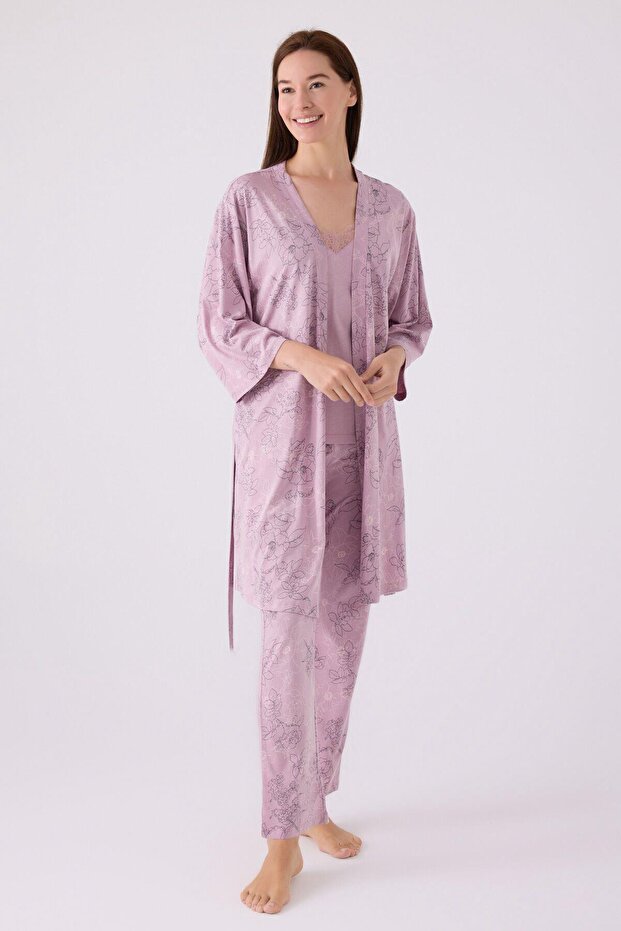Women's Long Sleeve Lace Trimmed 3-Piece Pajama Set with Robe and Drawstring Straps