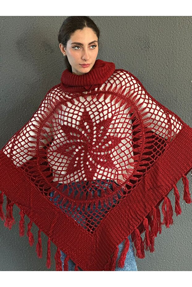 Knitted Tricot Motifed Tasseled High Neck Poncho Shawl