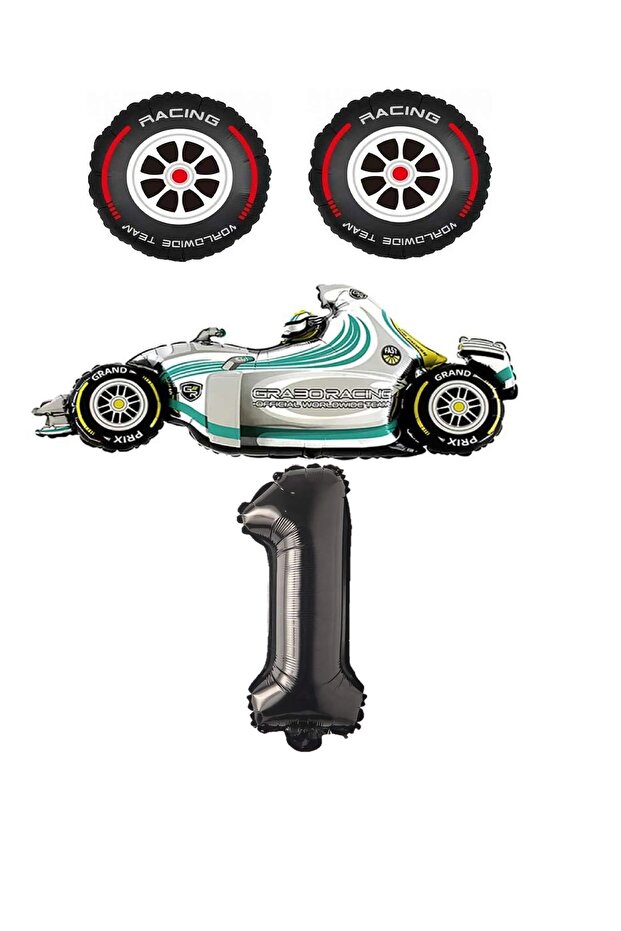 White Race Car Rubber and Black Number Foil Balloon Set Age 1