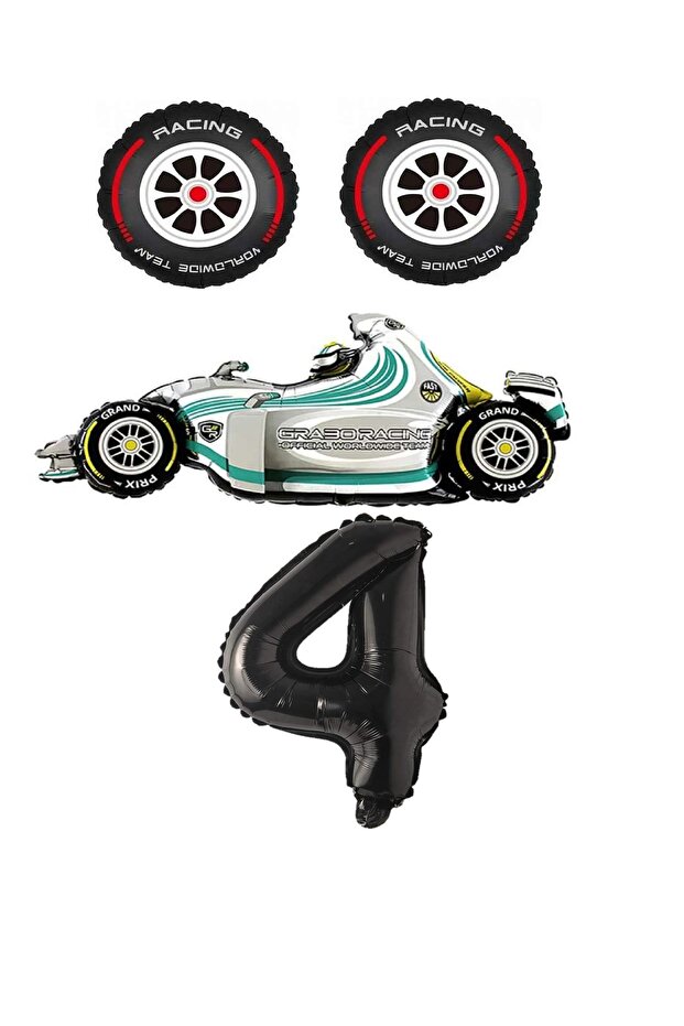 White Race Car Rubber and Black Number Foil Balloon Set Age 4