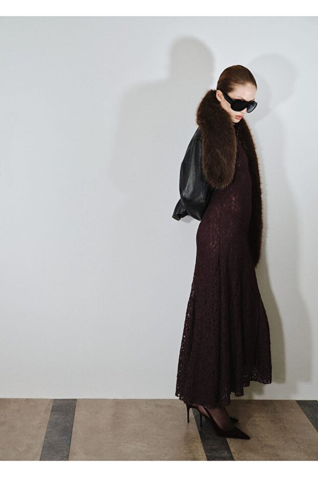 Asimetrik dantel elbise - 5