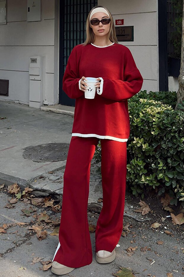 Red Uma Intersiye Striped Slit Oversize Sweater-Pants Women's Knitwear Top-And-Bottom Set