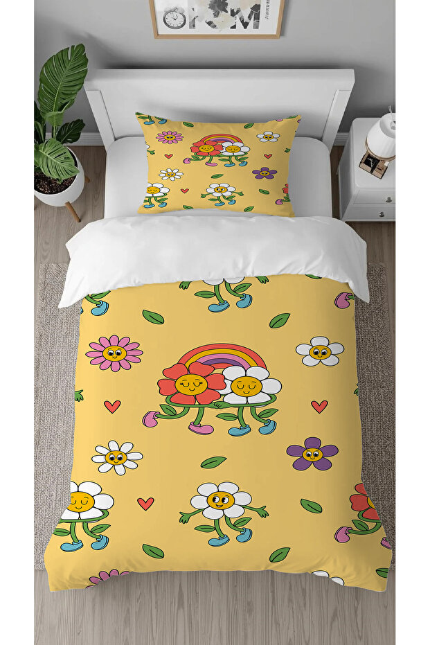 Daisy Flowers Patterned Digital Printed Special Design Single Children's Duvet Cover Set Without Sheets