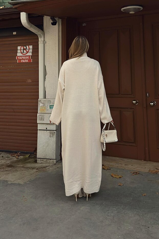 Bej Daly Yarım Balıkçı Oversize Kadın Triko Midi Elbise - 6