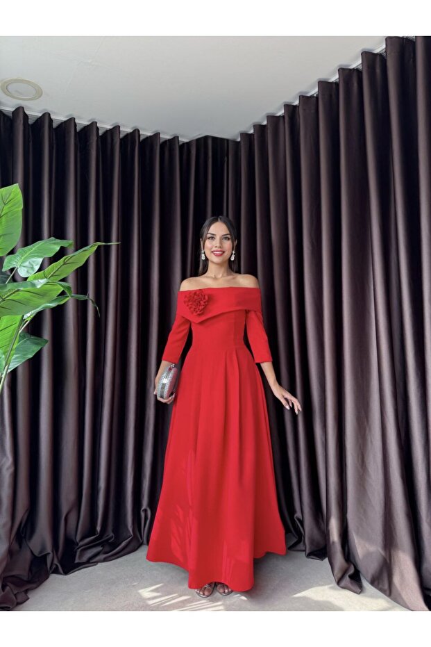 Zoee Üçlü Tek Gül Tasarım Madonna Yaka Uzun Kol Elbise (düğün/davet/mezuniyet/söz elbisesi) - 3