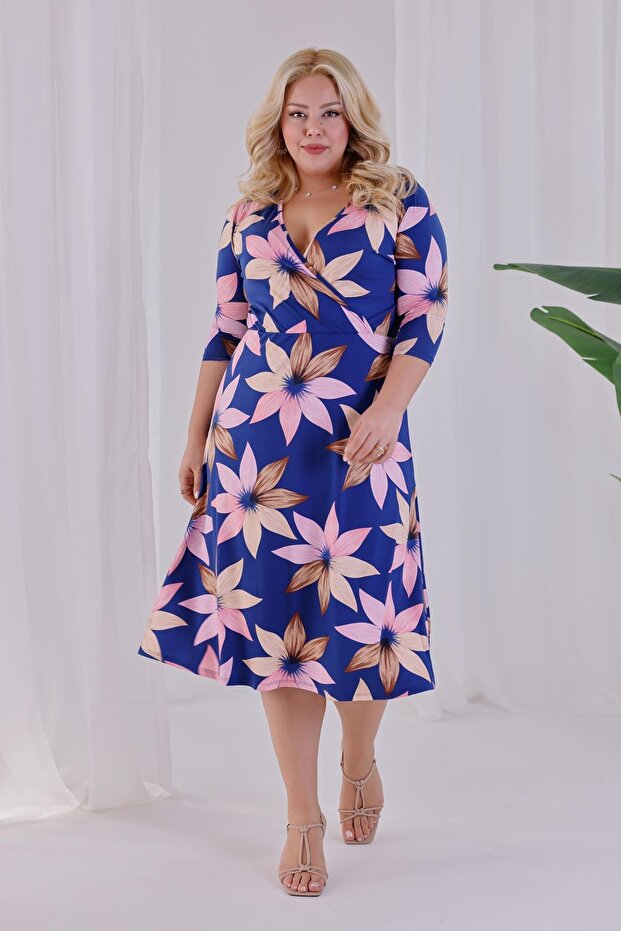 Women's Navy Blue Lotus Pattern Double Breasted Collar Elastic Waist Plus Size Dress