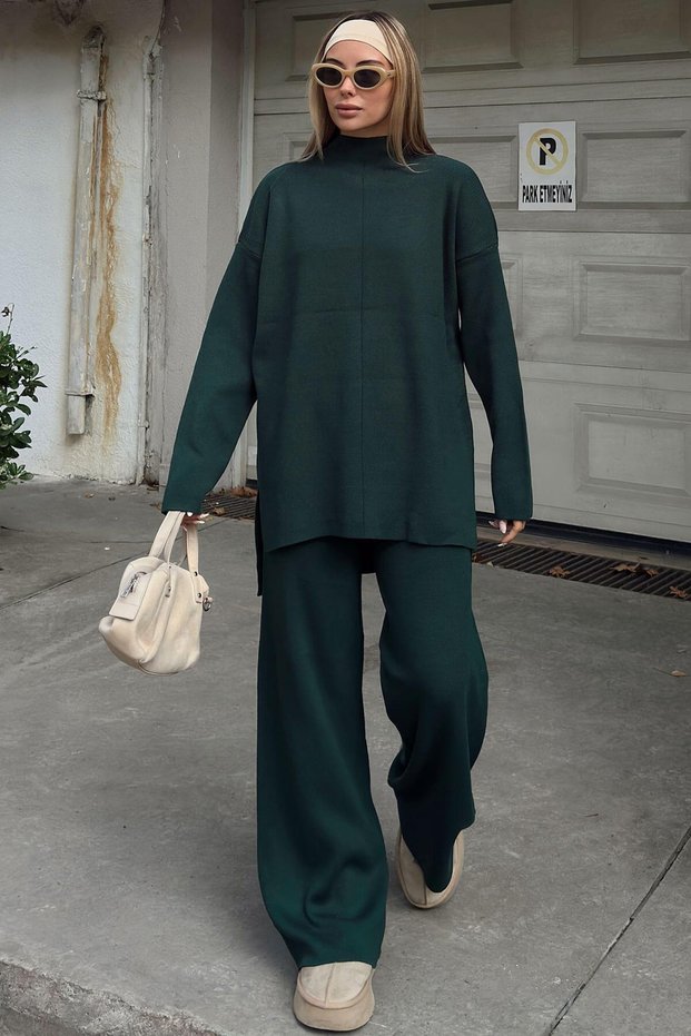 Green Stand Collar Long Back Sweater-Pants Women's Knitwear Bottom Top Set