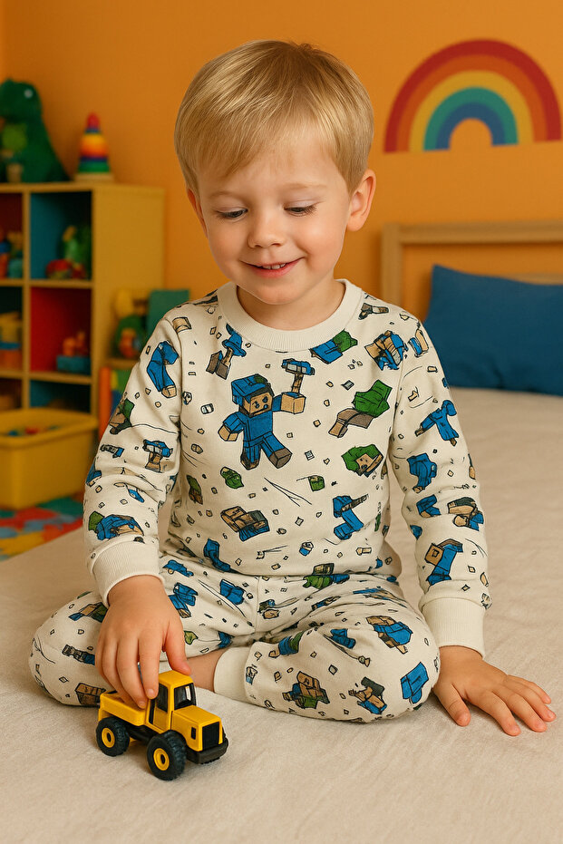 Boys' White Blue Toy Character Printed 100% Cotton Pajama Set
