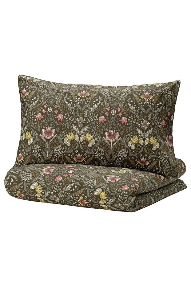 KÄRRDUNÖRT Duvet cover and 2 pillowcases, dark green/multicolour, 240x220/50x80 cm