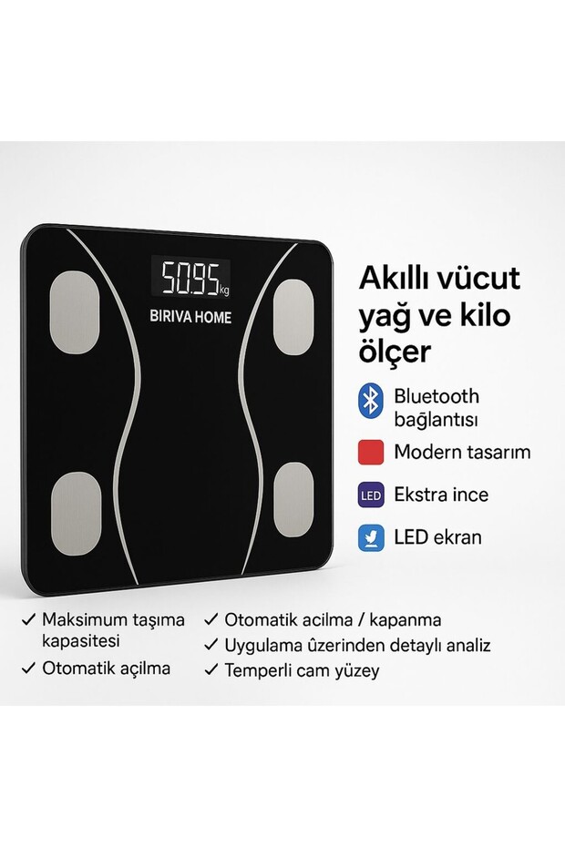 BİRİVA Yağ Ve Kas Vücut Kitle Endeksi Ölçerli Akıllı Tartı SİYAH