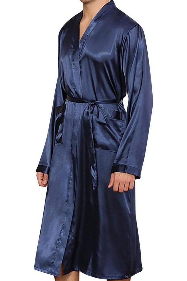 Men's Satin Dressing Gown Long Bathrobe Lightweight Silk Sleepwear Pyjamas for Men with Belt MG03