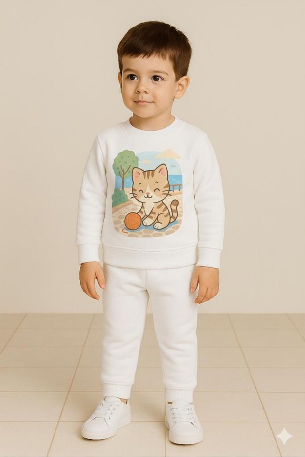 Crew Neck Fleece-Lined Unisex Children's Sweatshirt Spinning Top Printed Set 3 4 5 6 7 8 9 10 11 12 Years