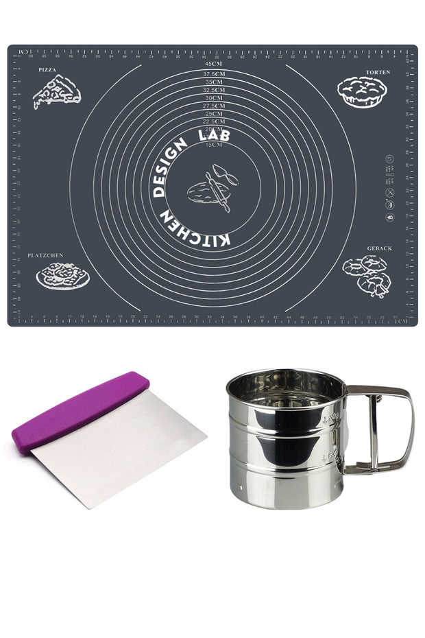Gray Silicone Measured Multi-Purpose Dough Rolling Mat 45 Cm X 65 Cm, Steel Flour Sieve and Steel Dough Cutter