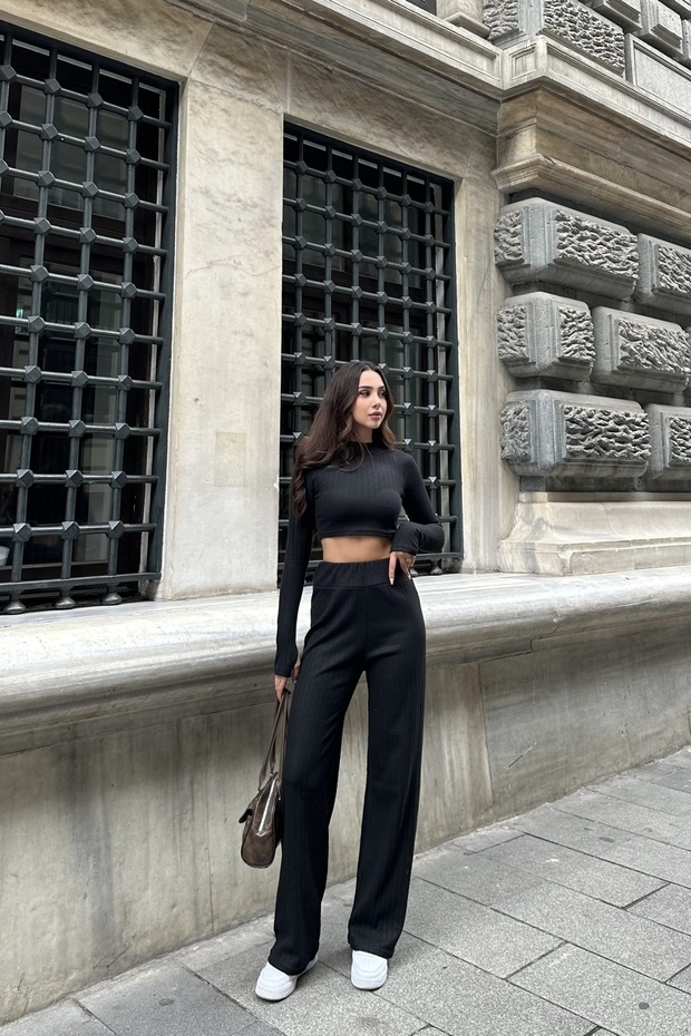 Half Fishing Neck,Long Sleeve Crop with Flamps,High Waist Pants Suit