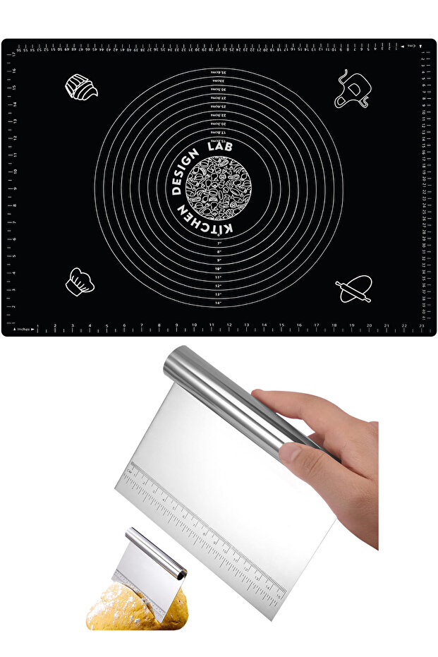 Black Silicone Measuring Multi-Purpose Dough Rolling Mat 45 Cm X 65 Cm and Measuring Steel Dough Cutting Spatula