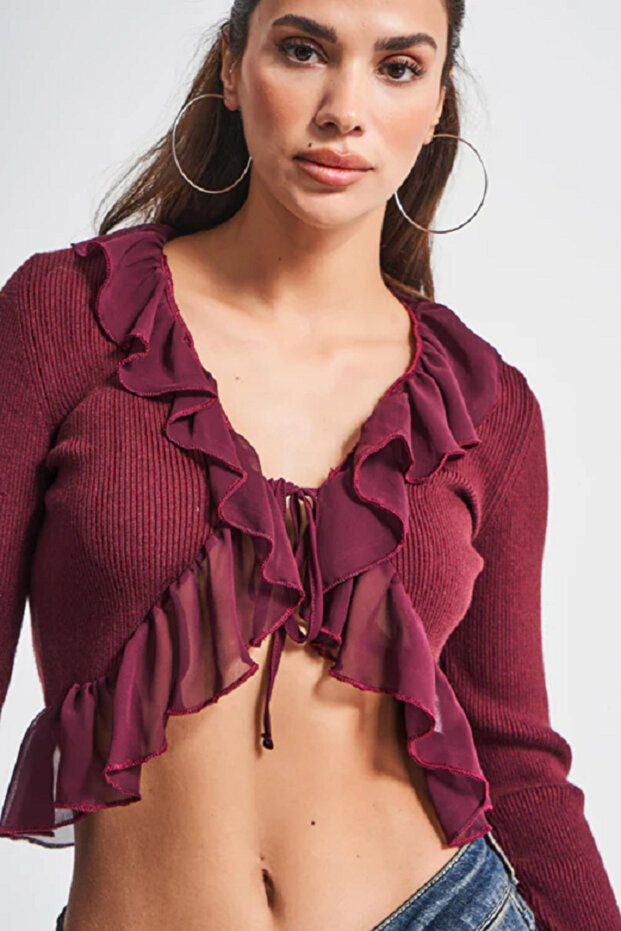 İtsbasic Kadın Triko Örme Kumaş Şifon Detaylı Volanlı Hırka Bluz - 3