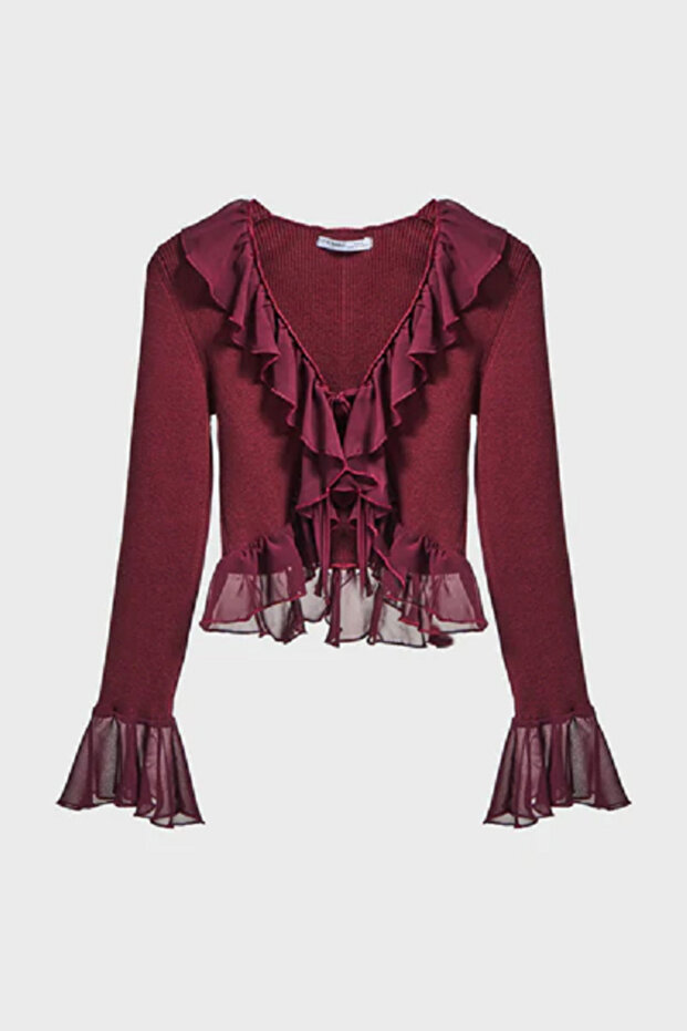 İtsbasic Kadın Triko Örme Kumaş Şifon Detaylı Volanlı Hırka Bluz - 1