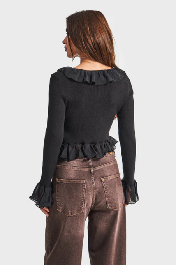 itsbasic Kadın Triko Örme Kumaş Şifon Detaylı Volanlı Hırka Bluz - 4