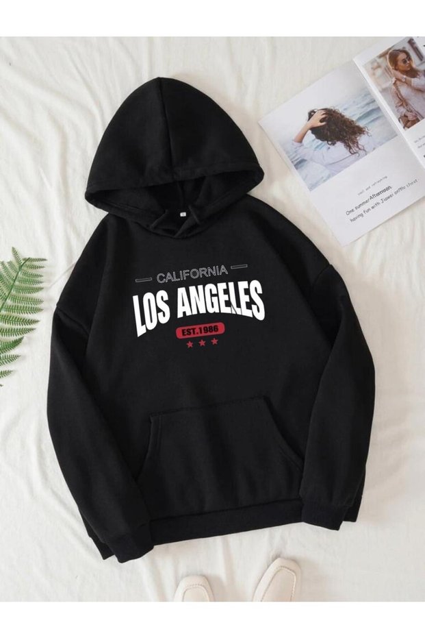 Hooded Oversize White Los Angeles Printed Black Sweatshirt