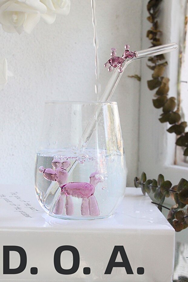 Purple Balloon Dog Figured Water Cup and Glass Straw Set