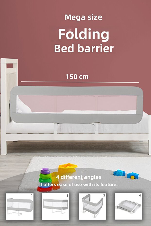 150X42 cm Folding Baby Bed Barrier - Protective Base Railing Protection Safety Barrier Gray