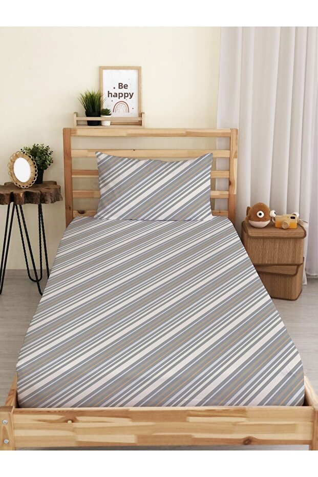 Line Patterned Printed Single Elastic Sheet Set - 1
