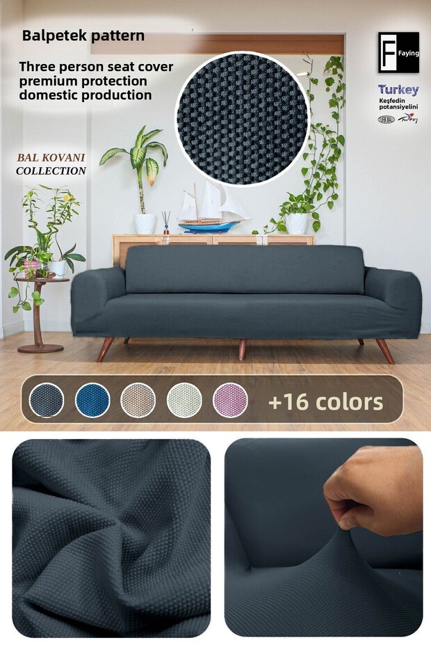Balpeteği 3-Person Anthracite Elastic Sofa Cover | Elastic Sofa Cover | Seat Cover