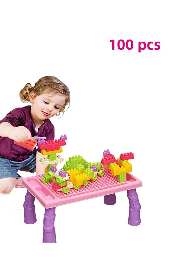 100 Piece Block Building Activity Game Set with Table - 4