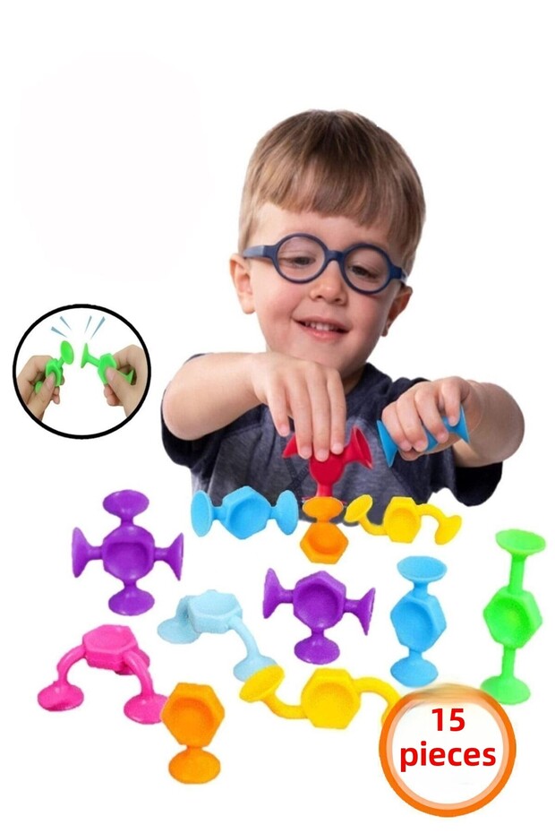 15 قطعة من أحجار السيليكون مع كوب الشفط - لعبة ألغاز Popit التعليمية Squigz - 3