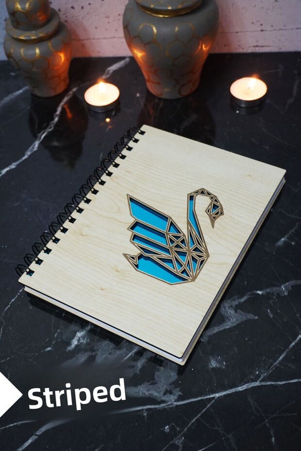 Swan Themed Wooden Cover Notebook - Lined Notebook - Agenda - School Notebook (A5 - 120 Pages)