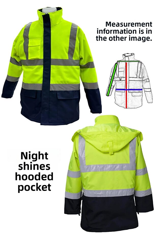 Reflective Highlighter Zipper Coat with Pockets Hooded Coat Parka Yellow Navy Blue Coat Worker Parka.