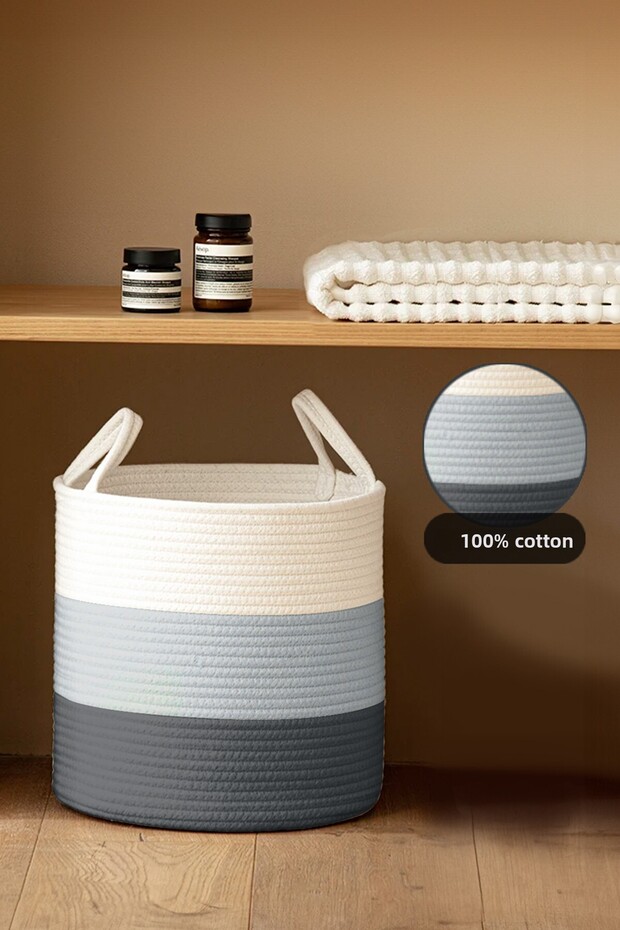 Jute Handled Cotton Rope Basket - Multi-Purpose Organizer Wicker Woven Decorative Flower Pot 28 Cm