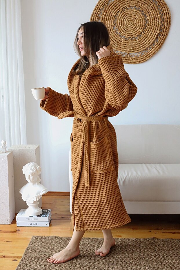 Waffle Adult Bathrobe Soft Pique Fabric Hooded Caramel