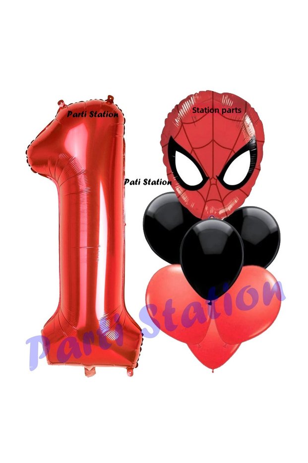 1 Year Old Spiderman - Red Figure Balloon and Spiderman Patterned Birthday Party Set