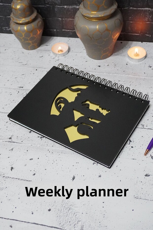 Mustafa Kemal Atatürk Black Wooden Schedule Book - Undate Agenda - Weekly Planner - A5
