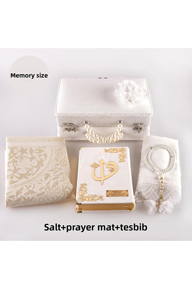 Beaded Box Dowry Holder, Shawl + Prayer Rug + Rosary + Quran Gift Set (Hafiz B. Velvet, White)