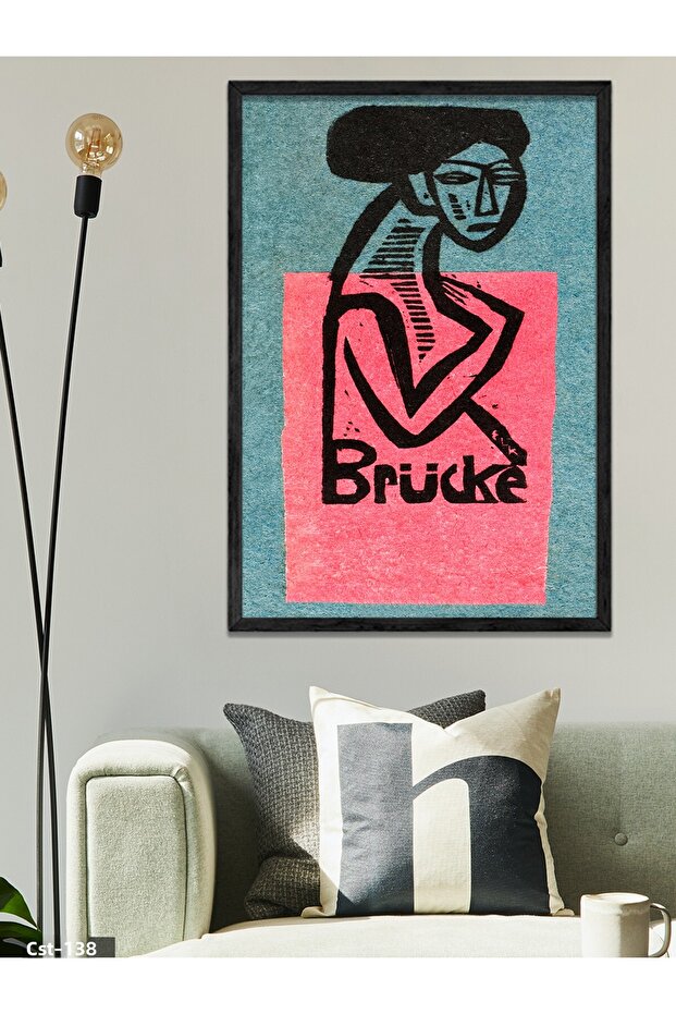 One Piece Black Wooden Framed Painting with Pink Background and Brücke Written on It