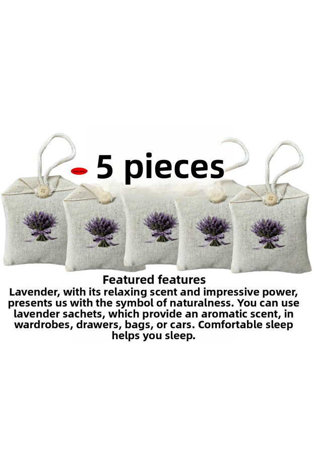 7 X 10 Natural Cotton Raw Cloth 5 Pieces of Lavender-Filled Pouches, Closet, Drawer, Clothing Cabinet, Printed